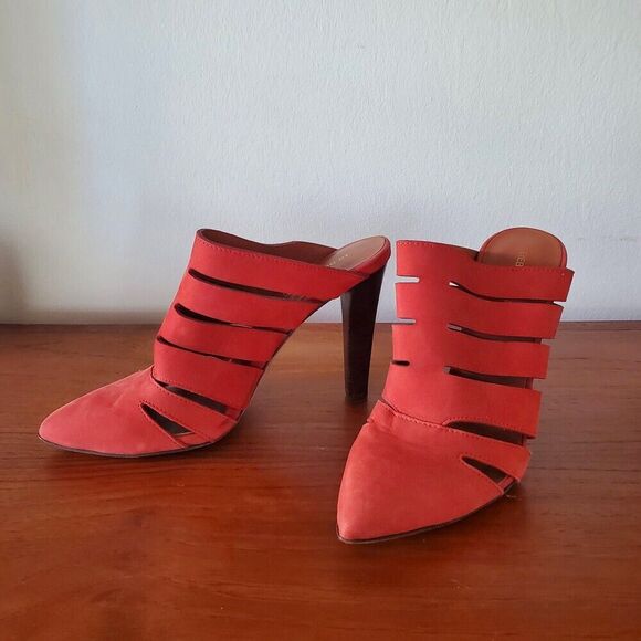 Rebecca Minkoff Red Suede Mule Heels Womens 8 Pointed Toe Cut Outs Strappy Sexy - Picture 1 of 7